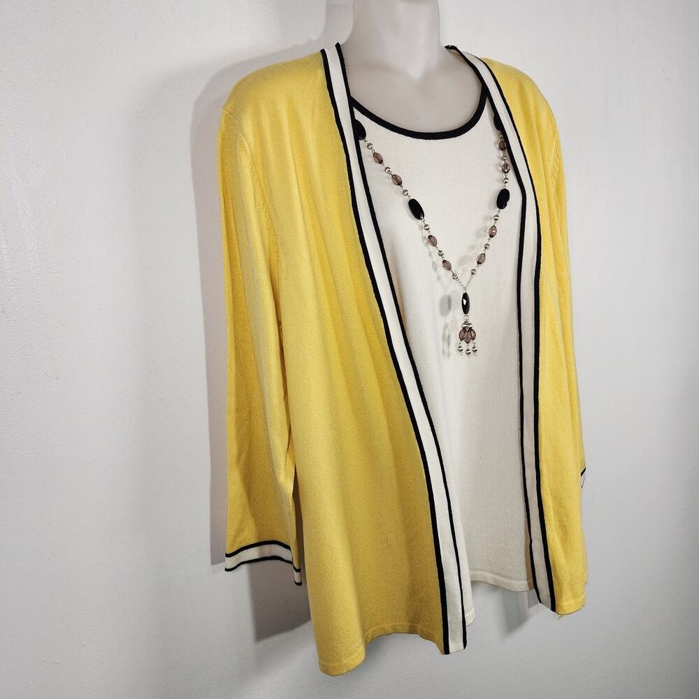 Alfred Dunner Womens Sweater 2 In 1 Cardigan Large Necklace Yellow White 3/4 Slv - Picture 5 of 10